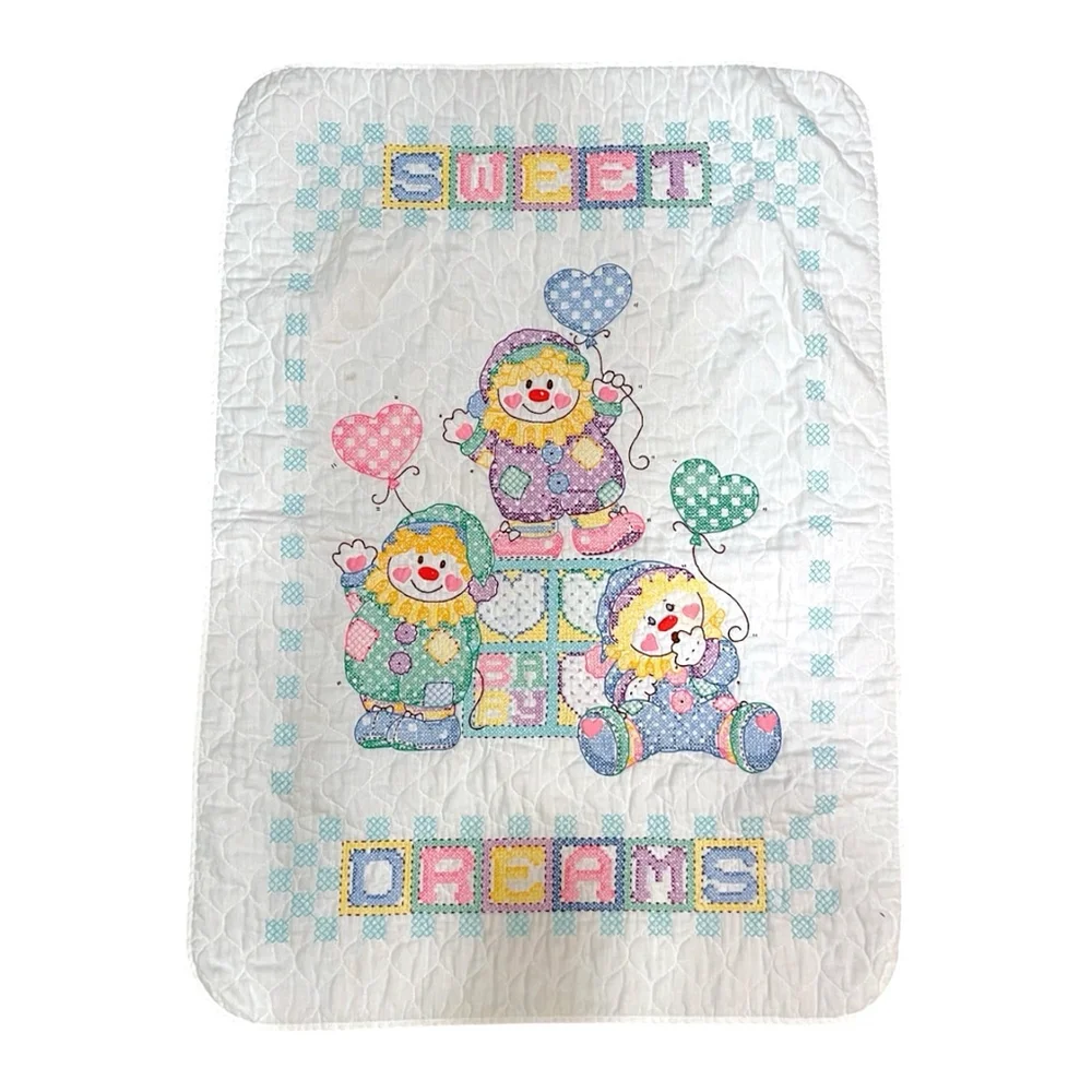 Vintage Clowns Cross Stitch Baby Quilt Sweet Dreams Balloons Handmade 28
